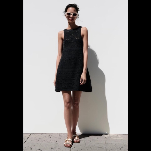 ZARA | Crochet Knit Mini Black Dress Size L - Picture 3 of 16